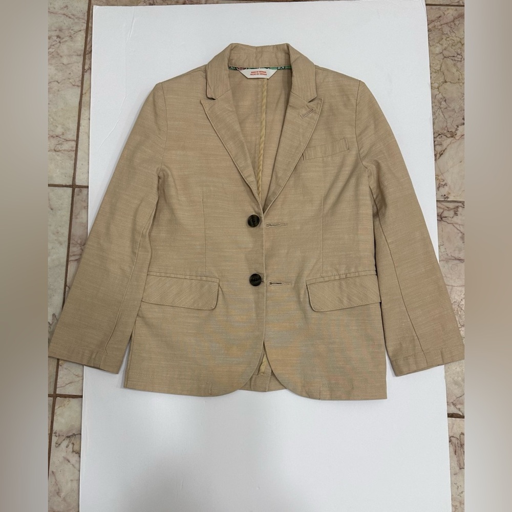 Boys beach wedding tan beige natural linen like blazer two button formal lining